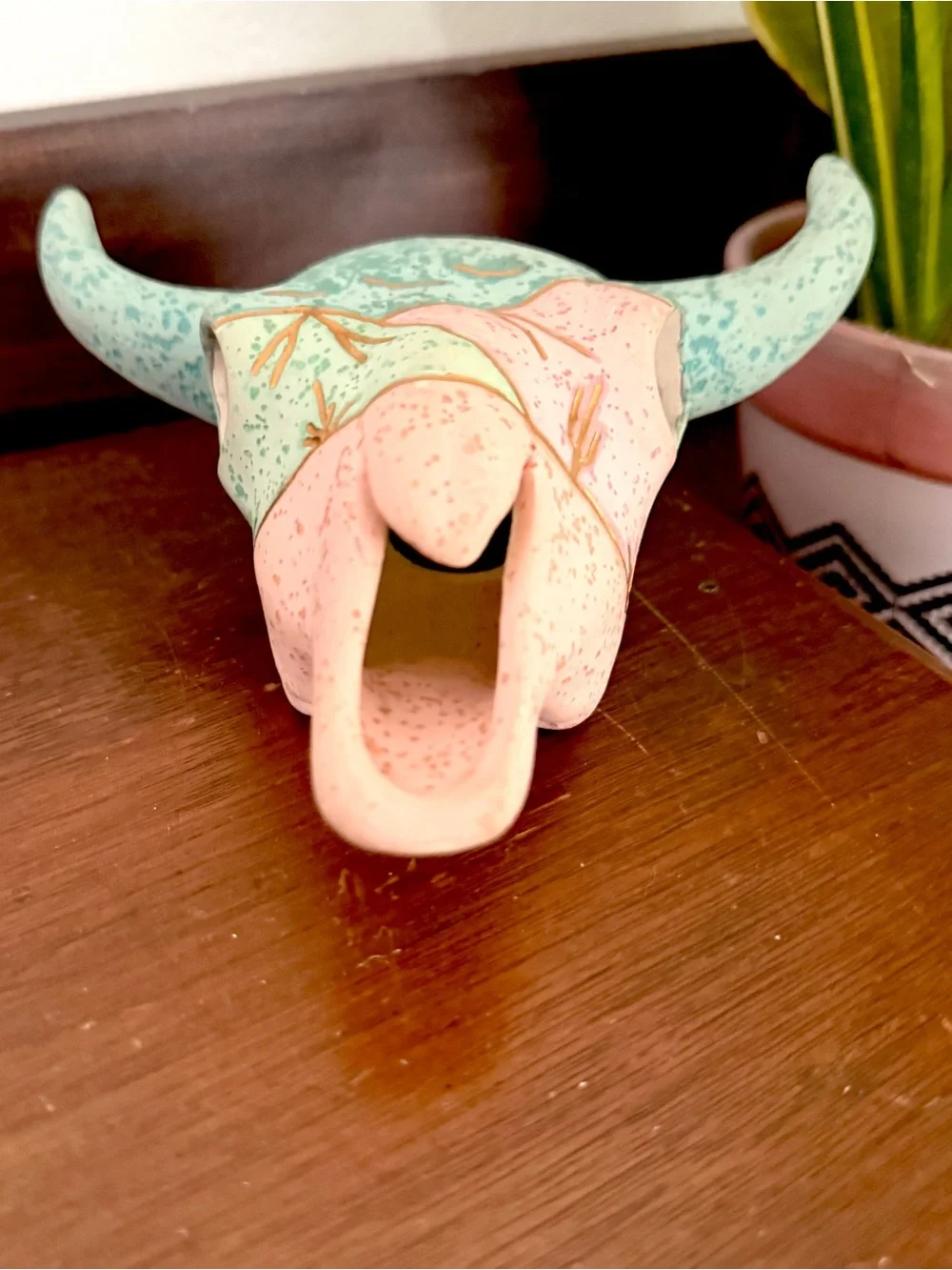 Southwest Native Ceramic Cow Bull Buffalo Skull Small Wall Hanging Sculpture Vtg